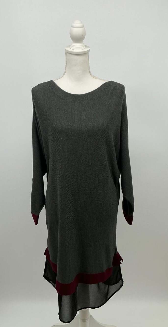 Liz Claiborne Women XL Gray Burgundy Sweater Dress Tunic Chiffon Hem